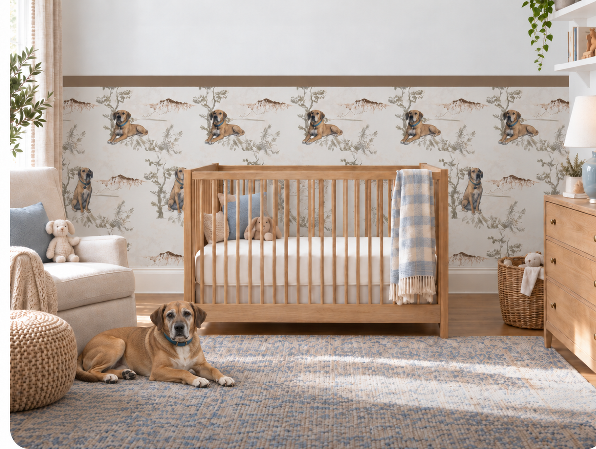 Custom Pet Toile Peel and Stick Taupe Half Wall Wallpaper
