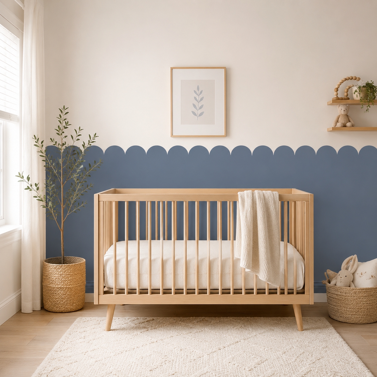 Scalloped Peel and Stick Navy Half Wall Wallpaper