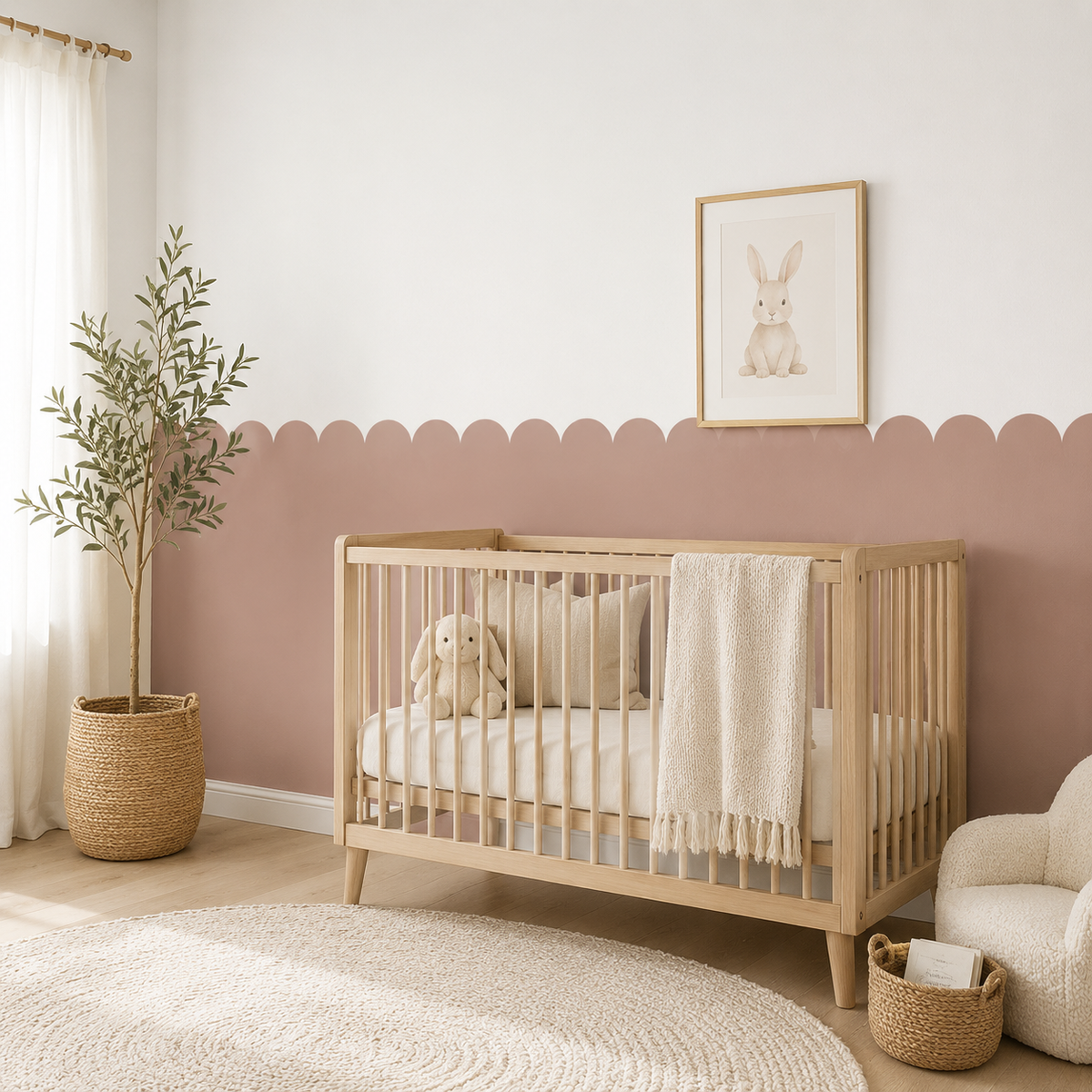 Scalloped Peel and Stick Dusty Rose Half Wall Wallpaper