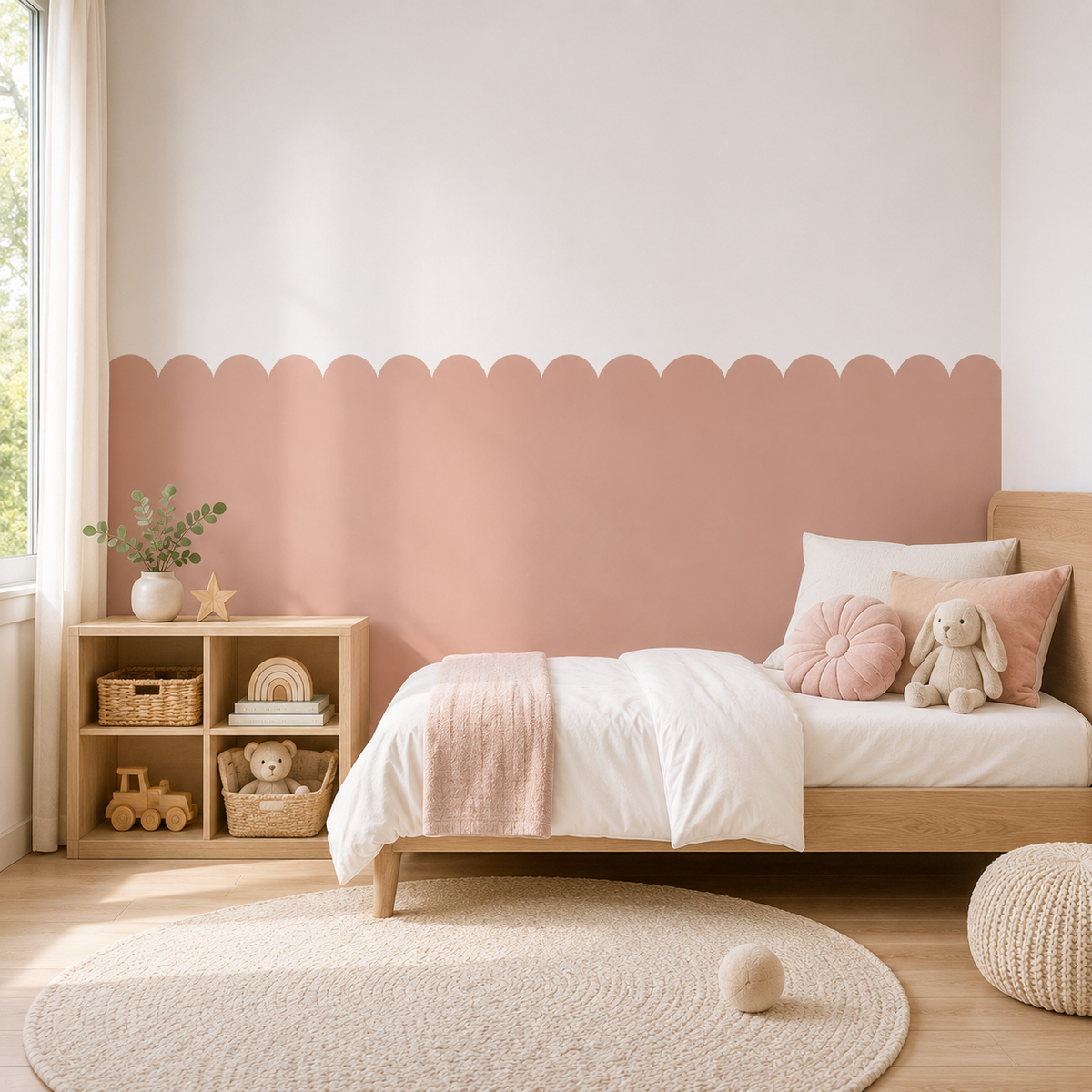 Scalloped Peel and Stick Dusty Rose Half Wall Wallpaper
