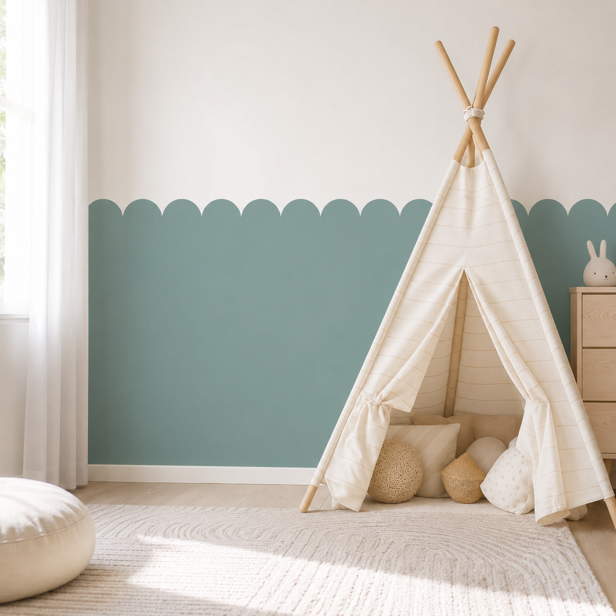 Scalloped Peel and Stick Eucalyptus Half Wall Wallpaper