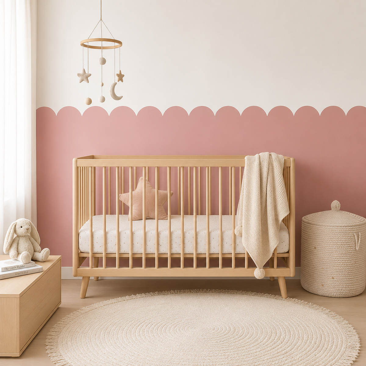 Scalloped Peel and Stick Muted Rose Half Wall Wallpaper