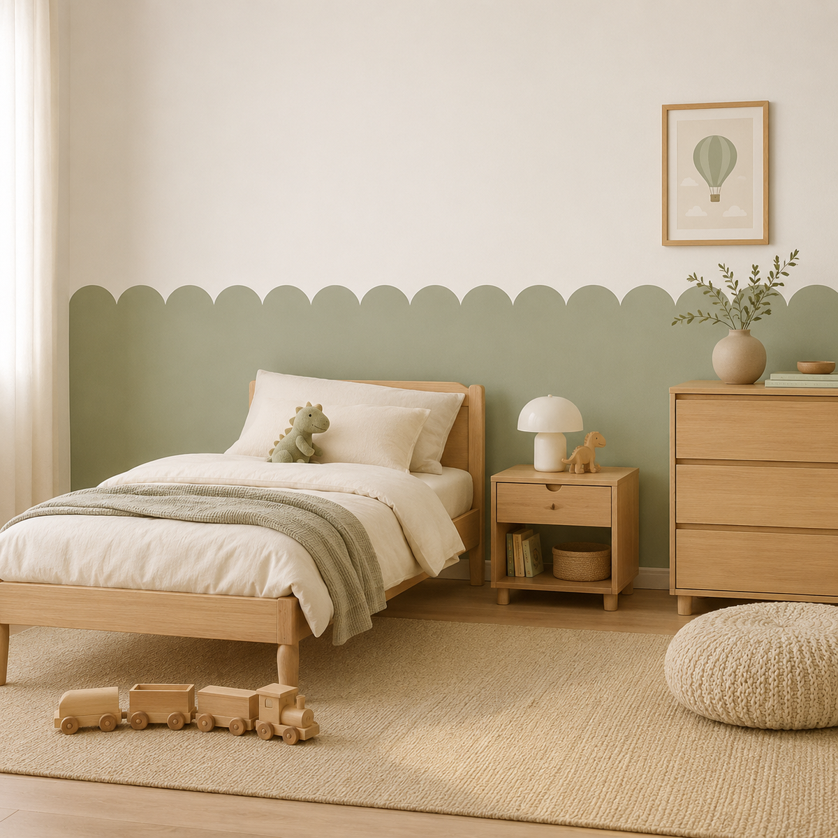 Scalloped Peel and Stick Sage Green Half Wall Wallpaper