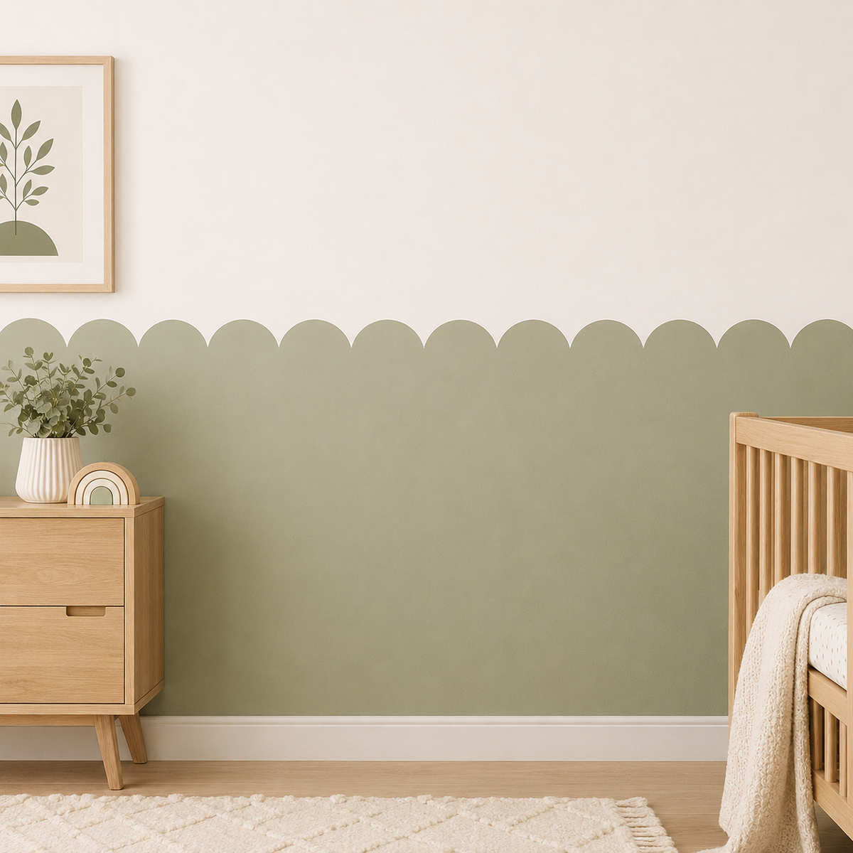 Scalloped Peel and Stick Sage Green Half Wall Wallpaper