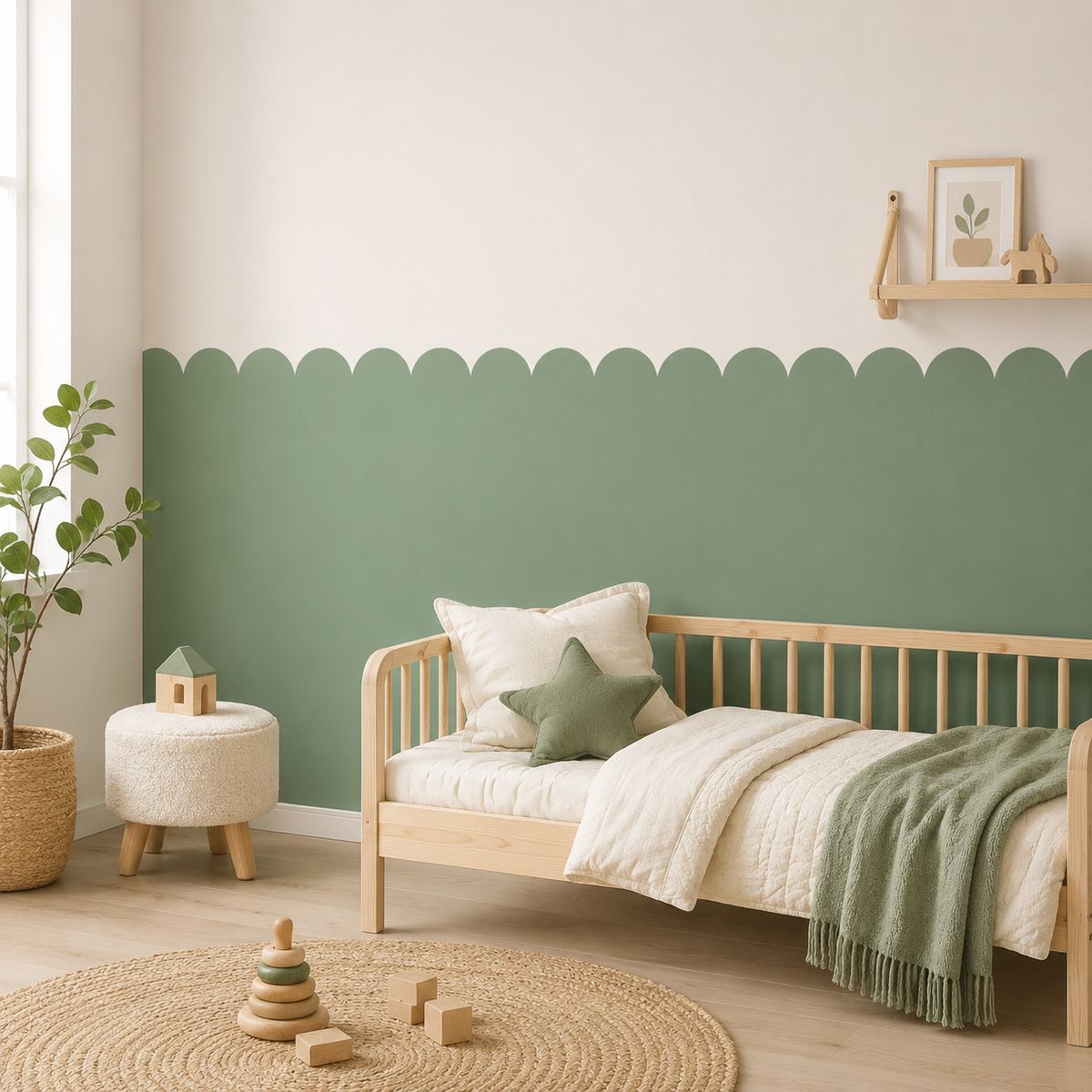 Scalloped Peel and Stick Tea Green Half Wall Wallpaper