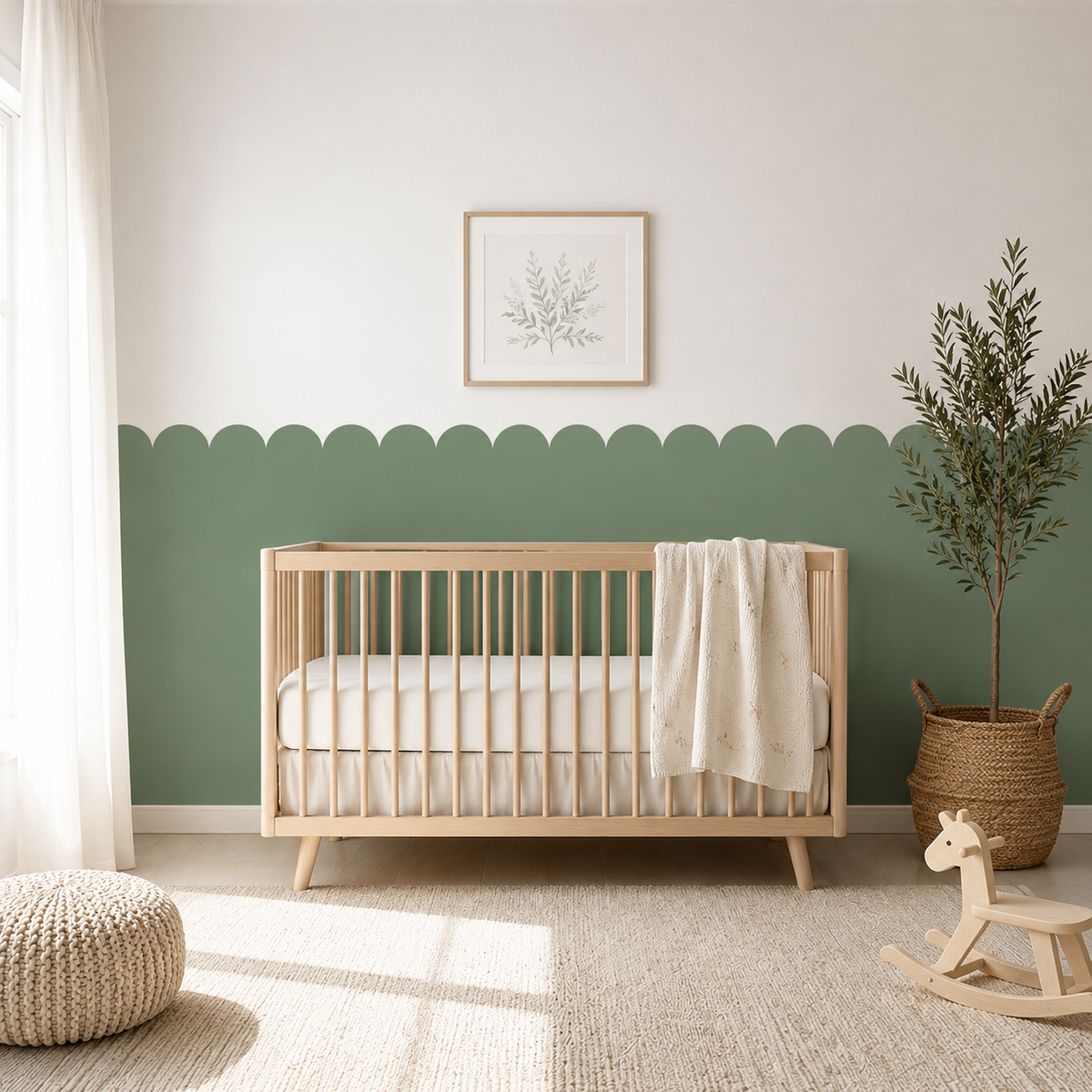 Scalloped Peel and Stick Tea Green Half Wall Wallpaper