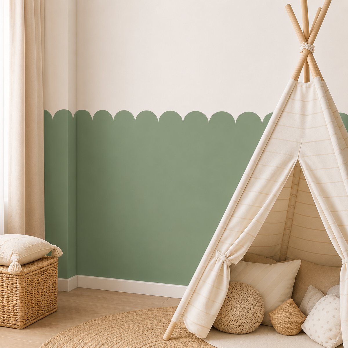 Scalloped Peel and Stick Tea Green Half Wall Wallpaper