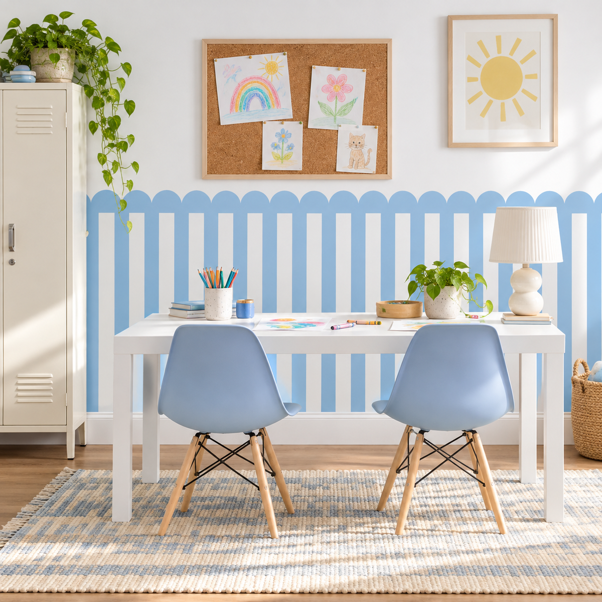 Stripe Peel and Stick Sky Blue Scallop Half Wall Wallpaper