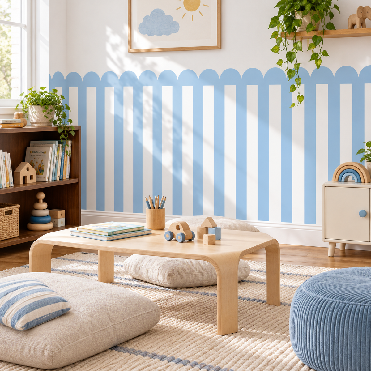 Stripe Peel and Stick Sky Blue Scallop Half Wall Wallpaper