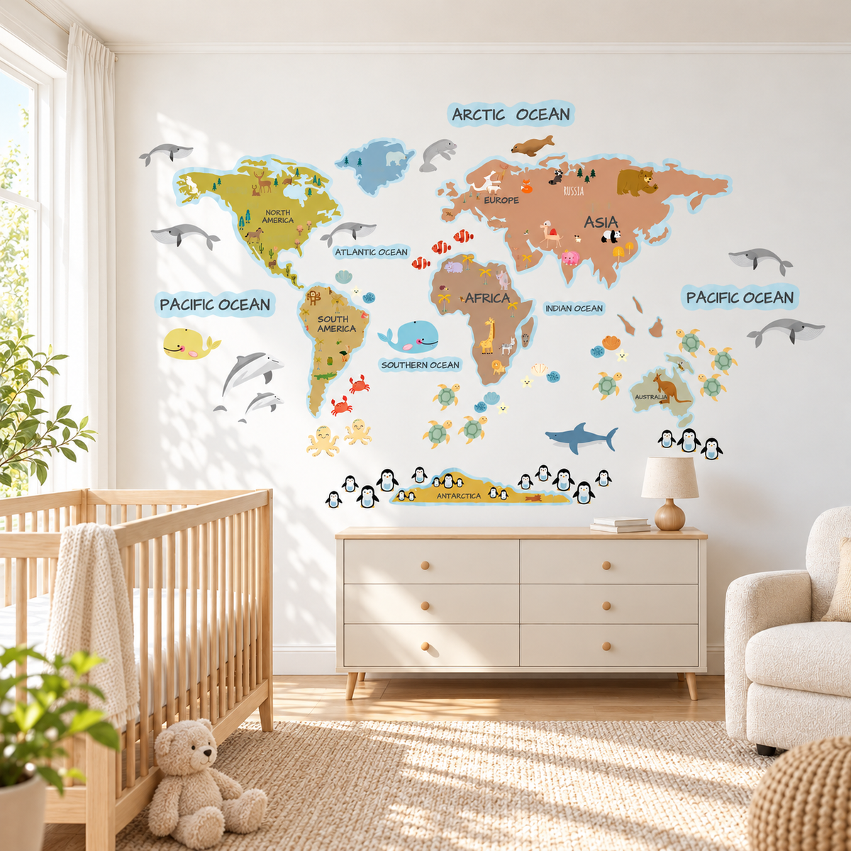 Animals World Map Fabric Wall Decal
