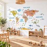 Animals World Map Fabric Wall Decal
