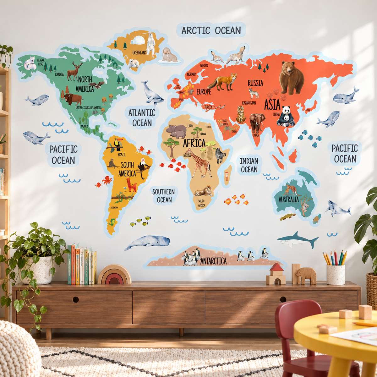 Kids Animal World Map Fabric Wall Decal