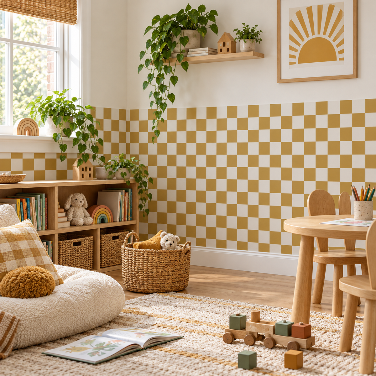 Checkerboard Peel and Stick Cozy Half Wall Wallpaper