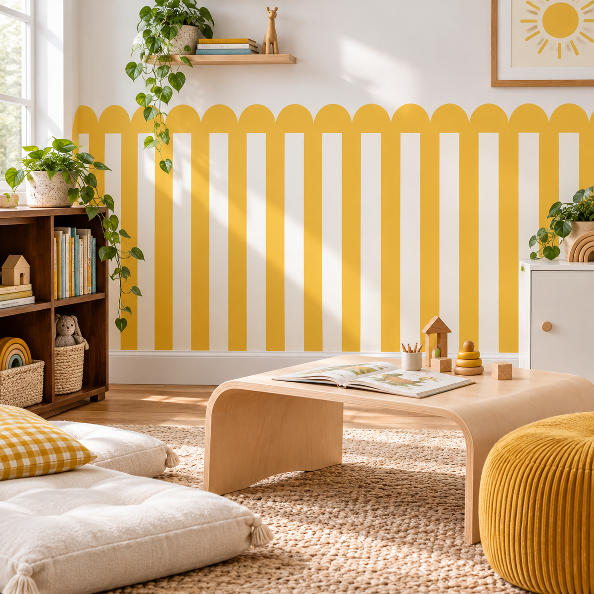 Stripe Peel and Stick Yellow Scallop Half Wall Wallpaper