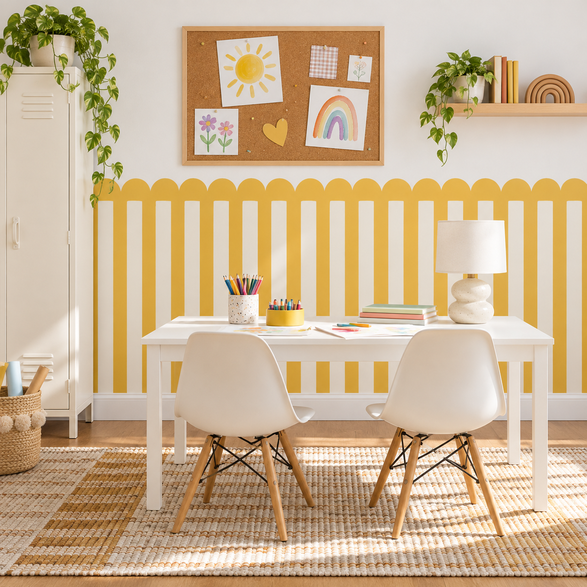 Stripe Peel and Stick Yellow Scallop Half Wall Wallpaper