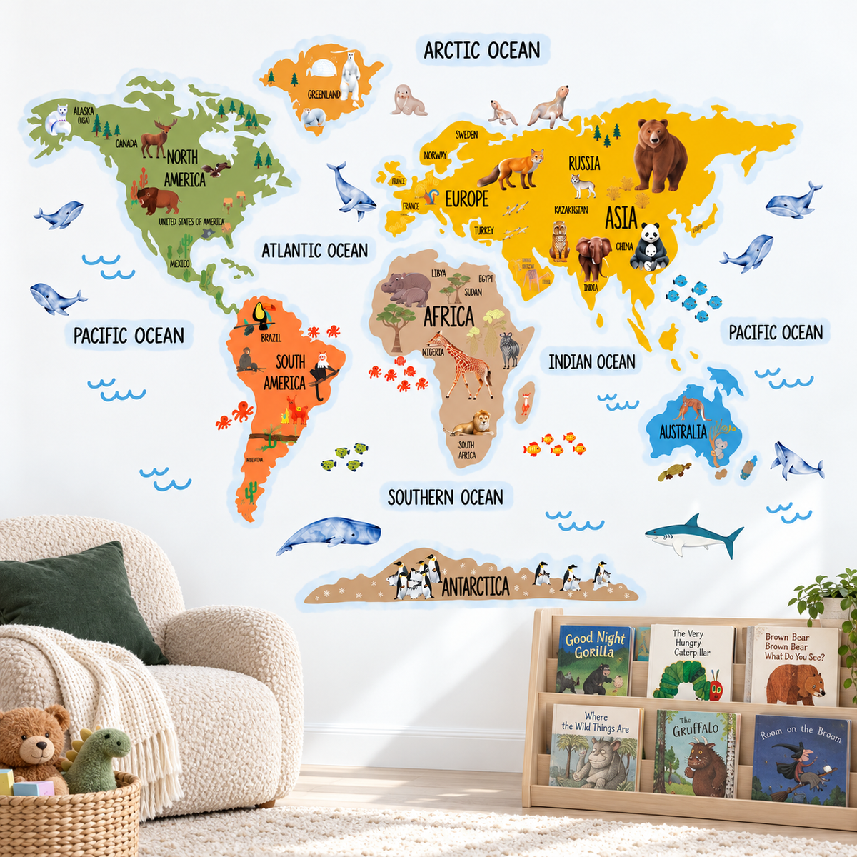 Kids Animal World Map Fabric Wall Decal - Mustard