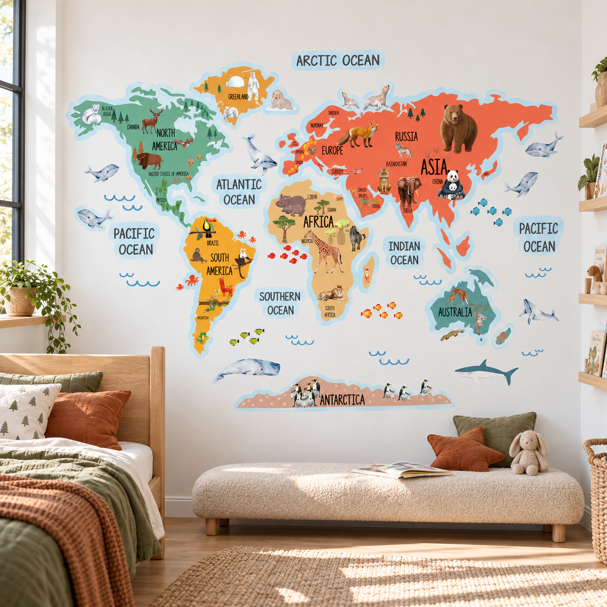 Kids Animal World Map Fabric Wall Decal