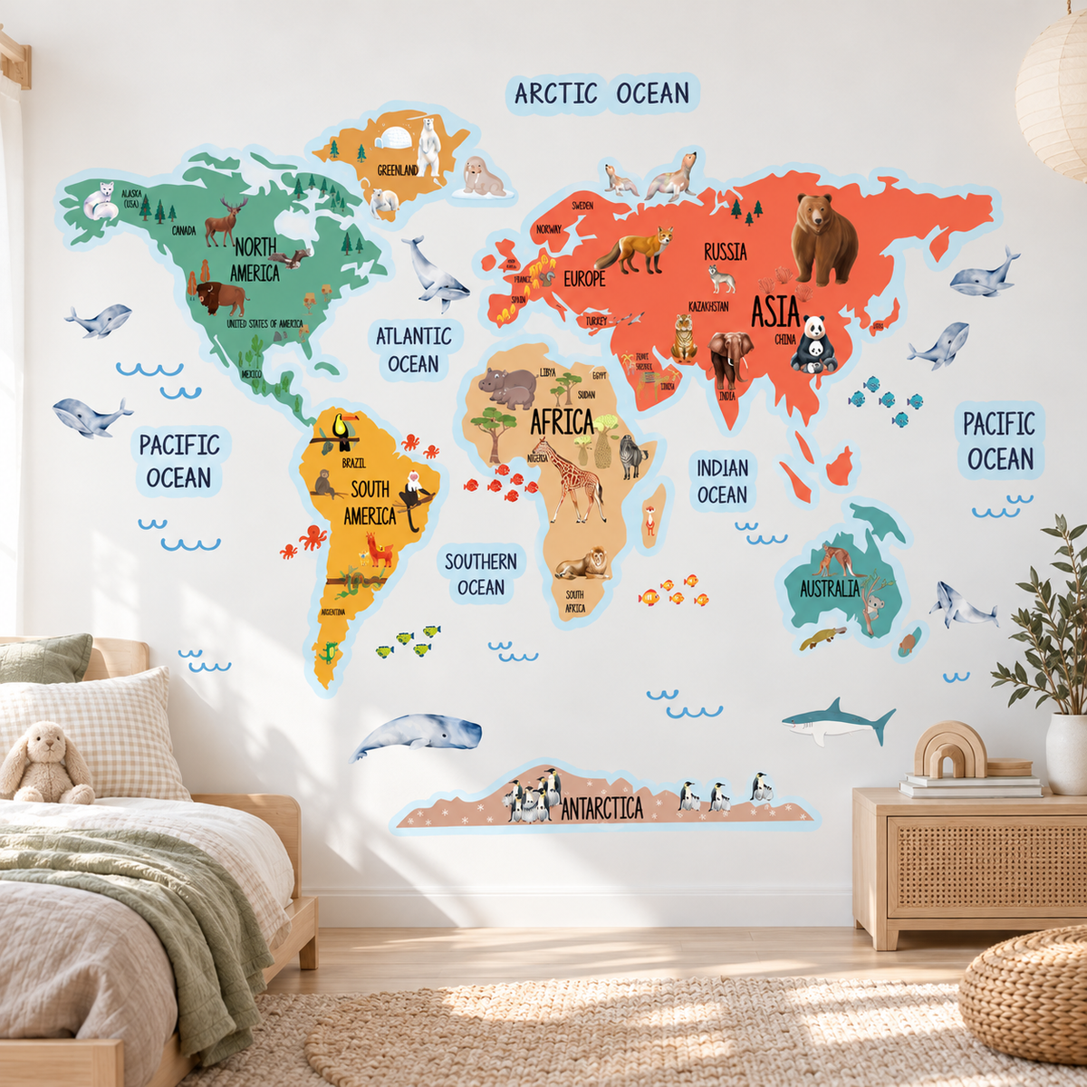 Kids Animal World Map Fabric Wall Decal