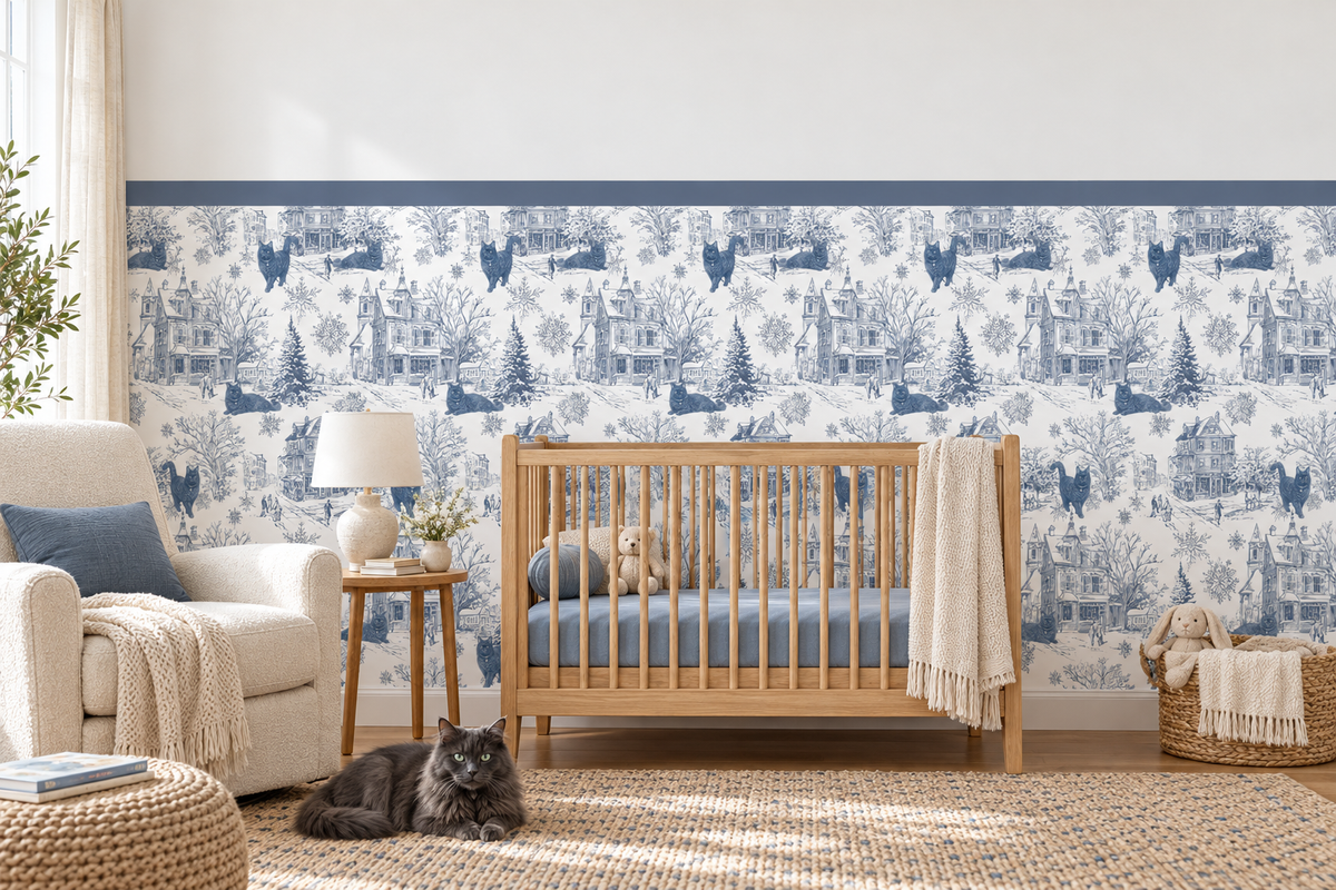 Custom Pet Toile Peel and Stick Navy Blue Half Wall Wallpaper