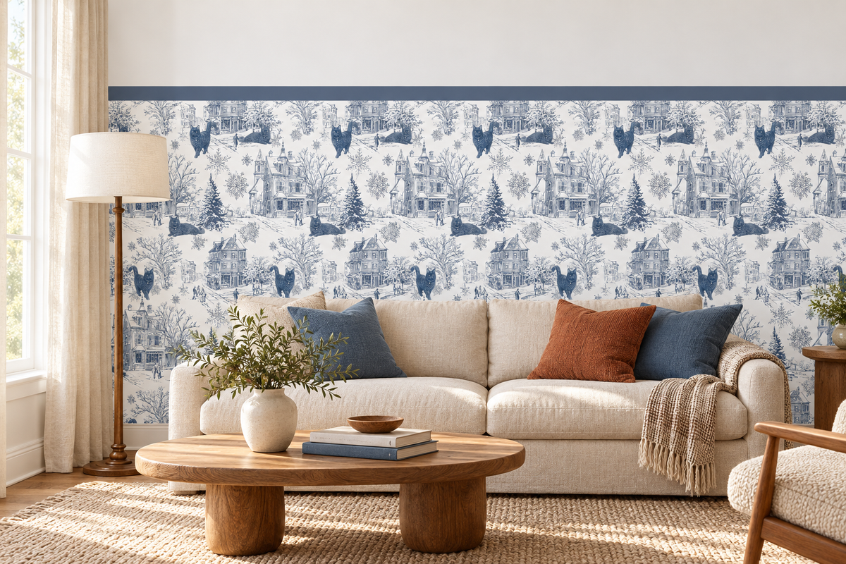 Custom Pet Toile Peel and Stick Navy Blue Half Wall Wallpaper