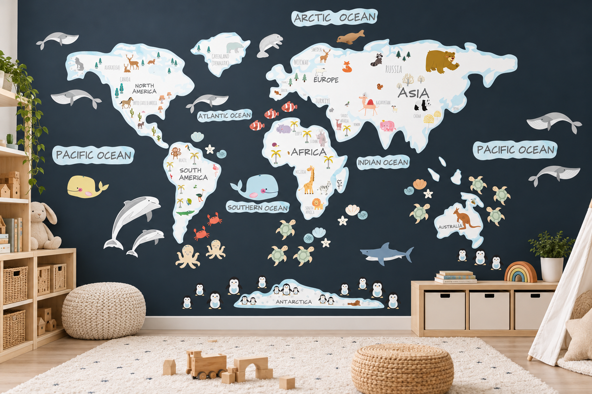 Animals World Map Fabric Wall Decal - White