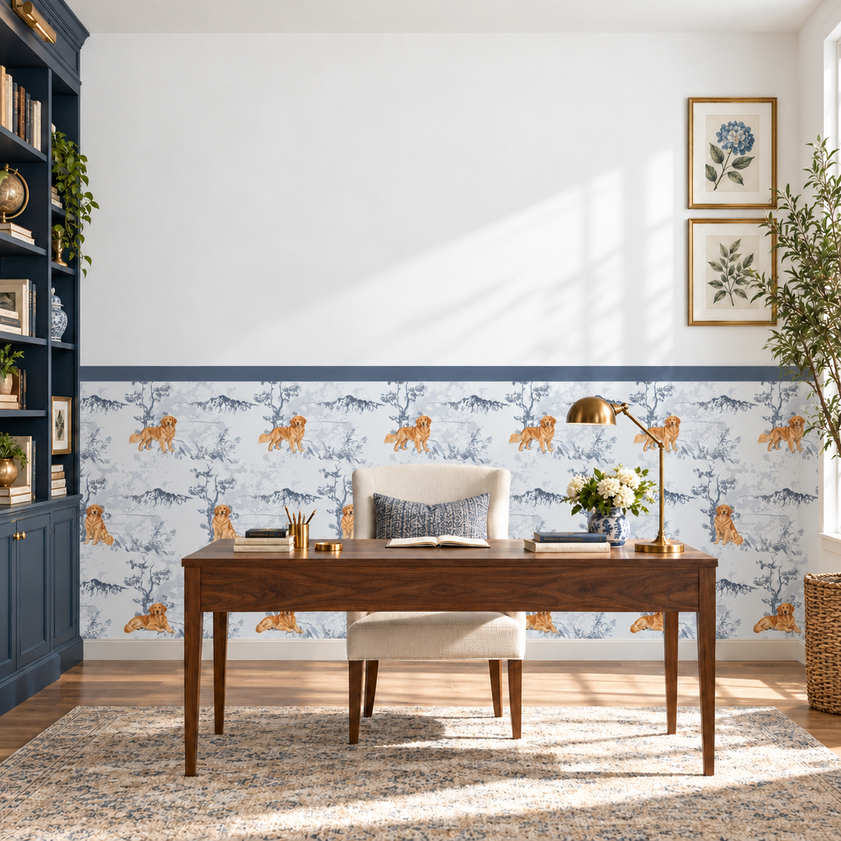 Custom Pet Toile Peel and Stick Navy Half Wall Wallpaper