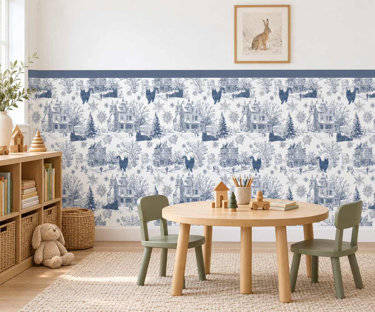 Custom Pet Toile Peel and Stick Navy Blue Half Wall Wallpaper