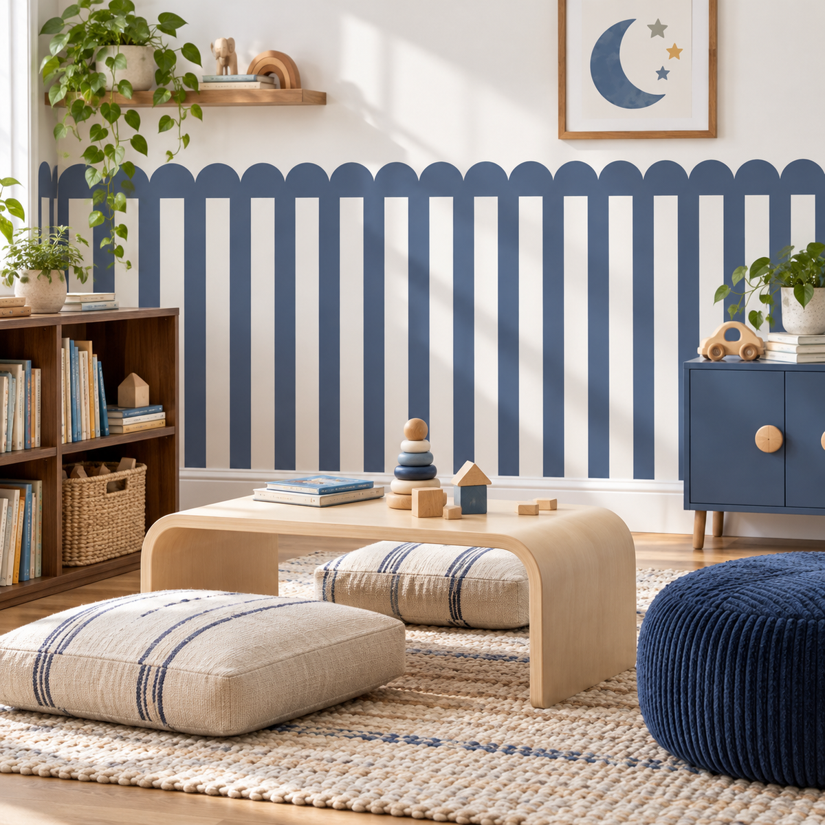 Stripe Peel and Stick Navy Scallop Half Wall Wallpaper