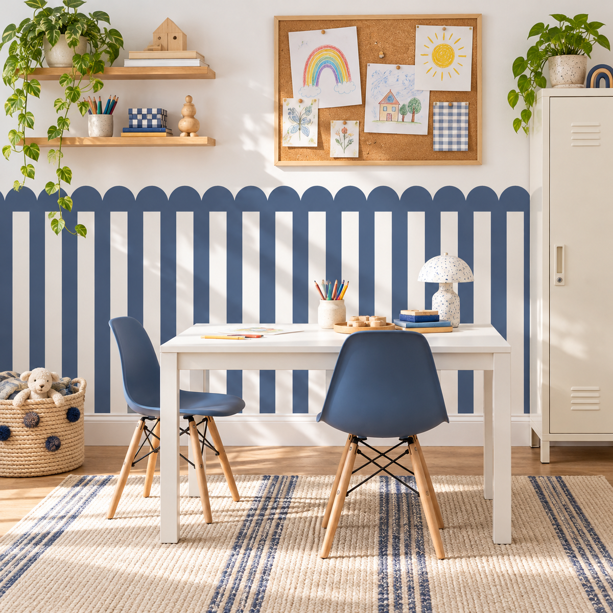 Stripe Peel and Stick Navy Scallop Half Wall Wallpaper