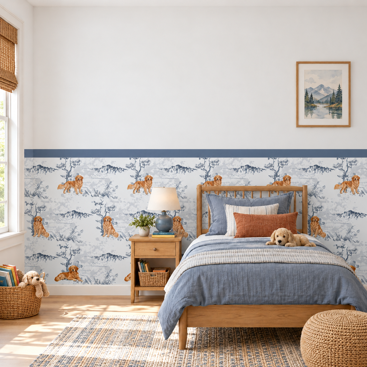 Custom Pet Toile Peel and Stick Navy Half Wall Wallpaper