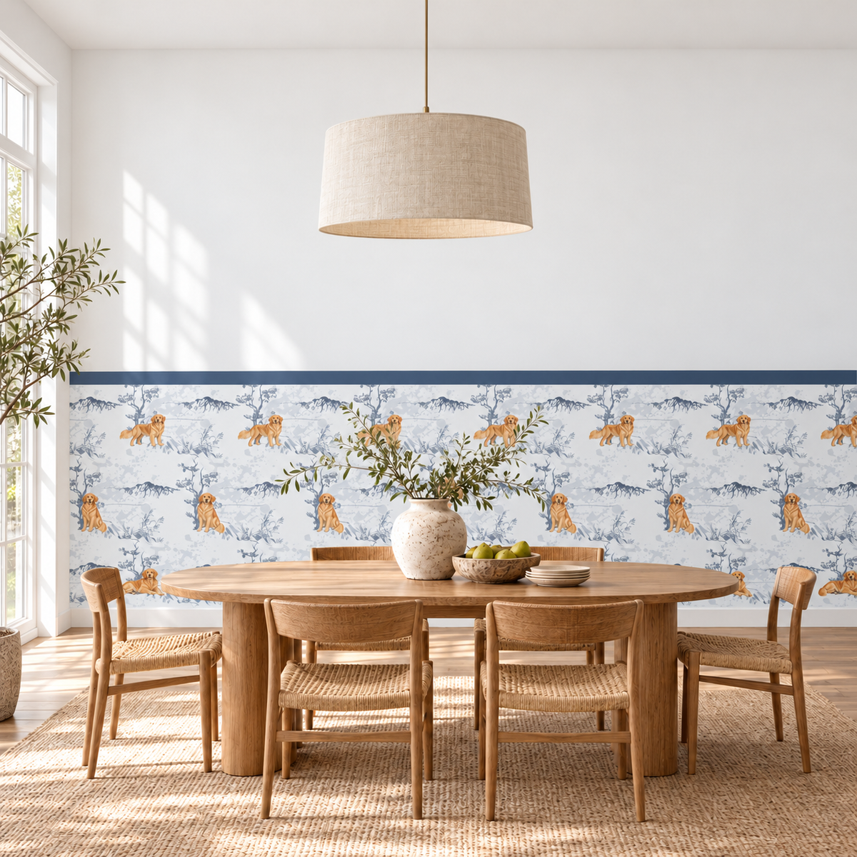 Custom Pet Toile Peel and Stick Navy Half Wall Wallpaper