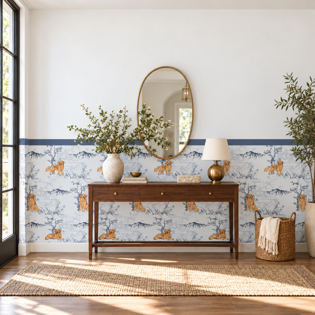Custom Pet Toile Peel and Stick Navy Half Wall Wallpaper