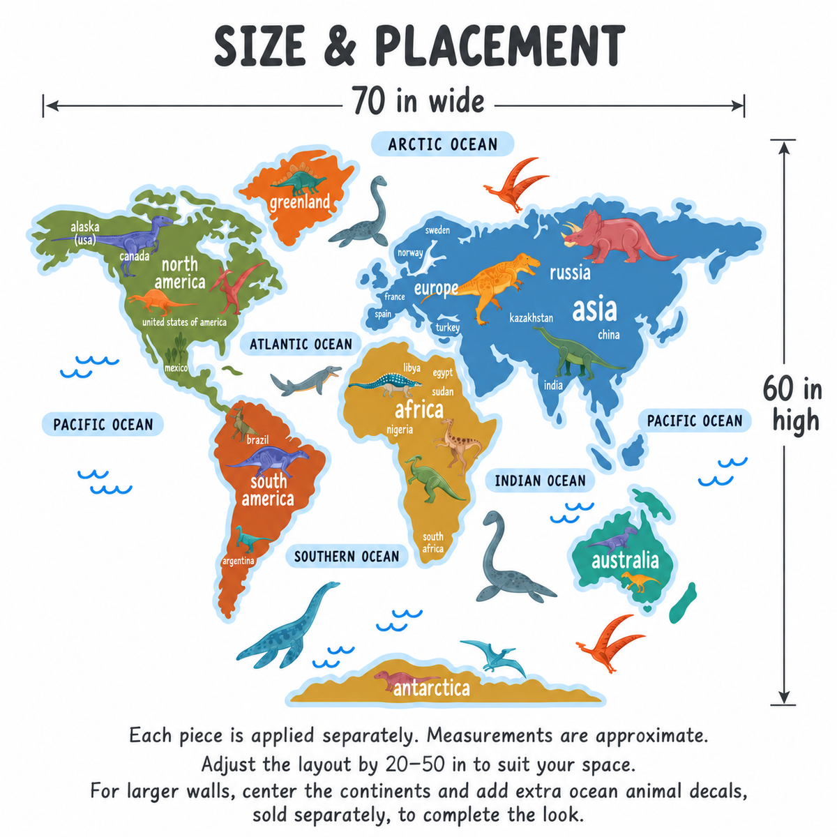 Dinosaur World Map Fabric Wall Decal - Multicolor