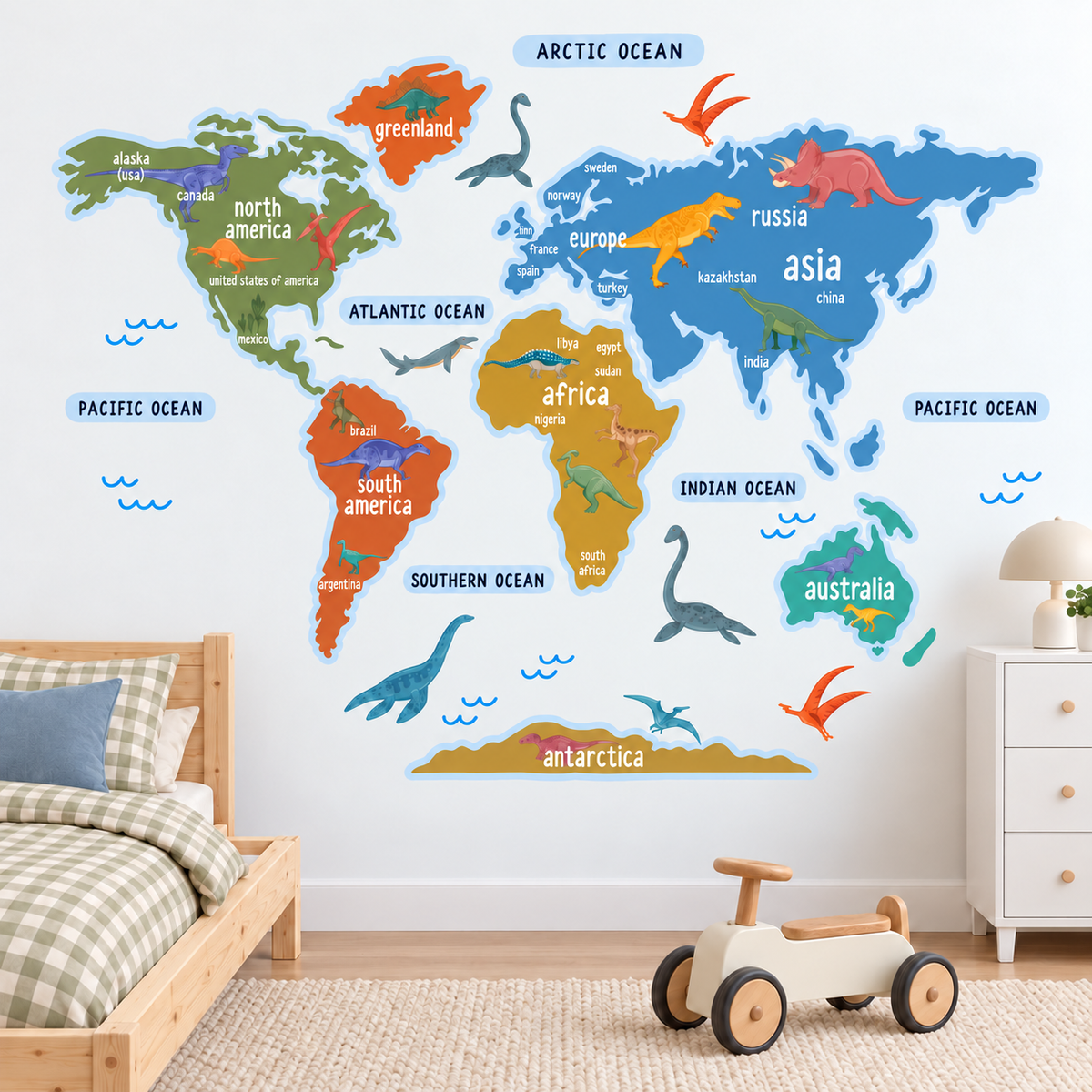 Dinosaur World Map Fabric Wall Decal - Multicolor