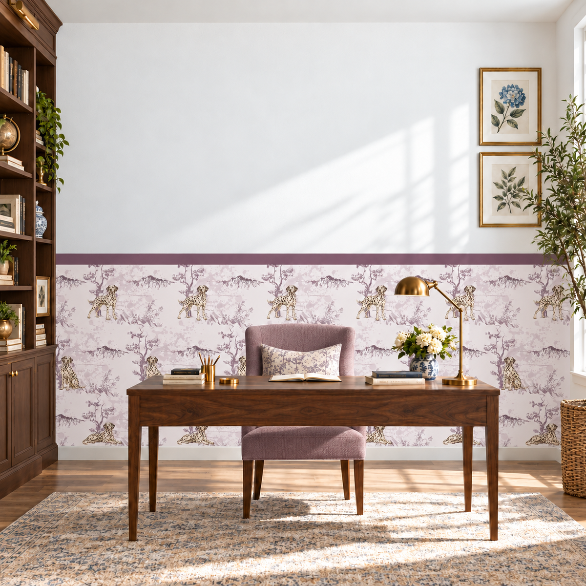 Custom Pet Toile Peel and Stick Mauve Half Wall Wallpaper