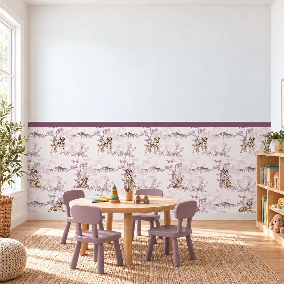 Custom Pet Toile Peel and Stick Mauve Half Wall Wallpaper