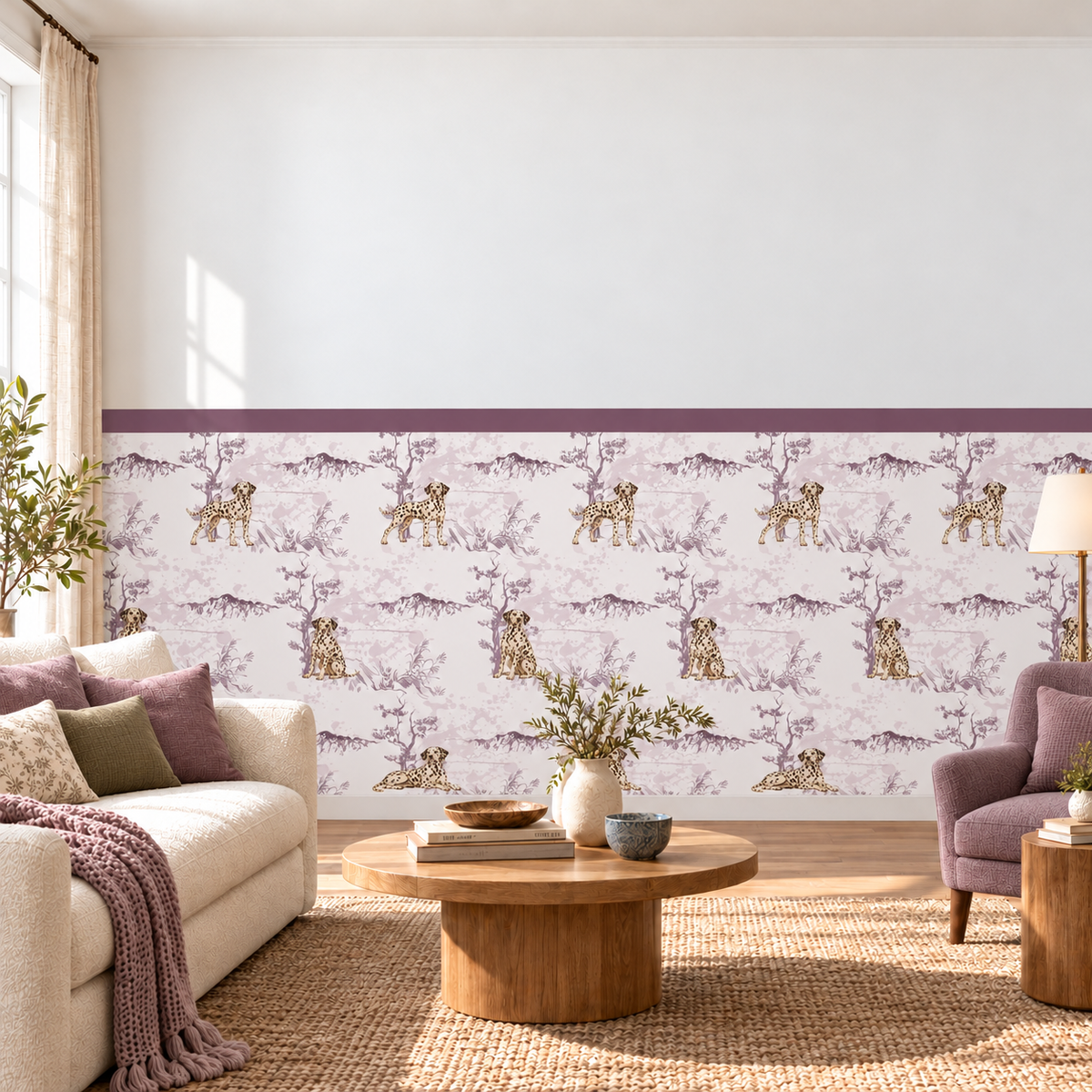 Custom Pet Toile Peel and Stick Mauve Half Wall Wallpaper