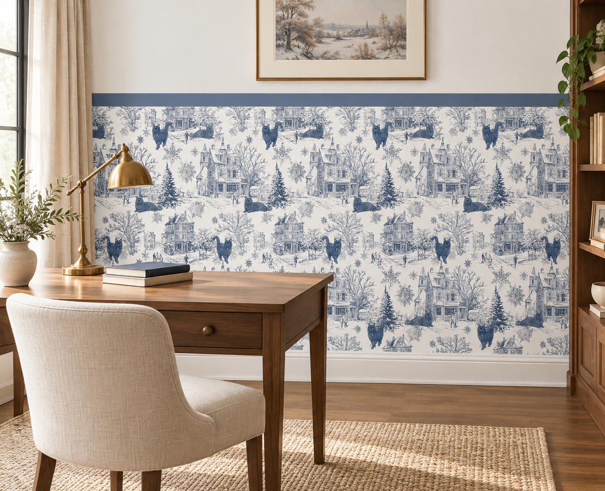 Custom Pet Toile Peel and Stick Navy Blue Half Wall Wallpaper