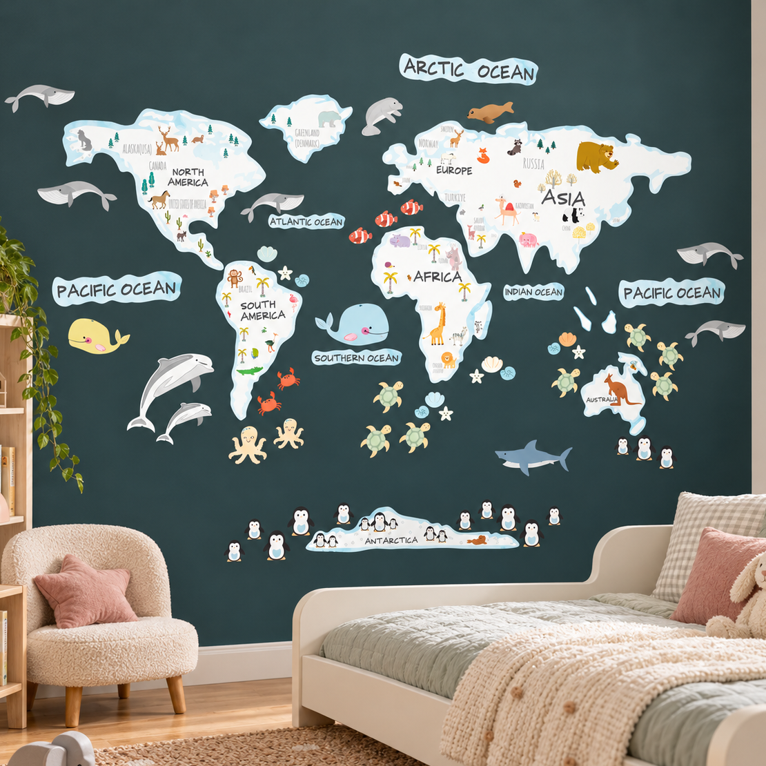 Animals World Map Fabric Wall Decal - White