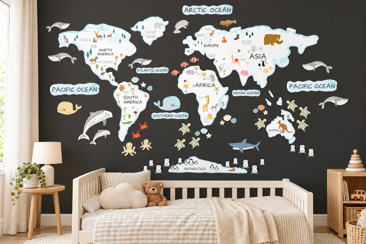 Animals World Map Fabric Wall Decal - White