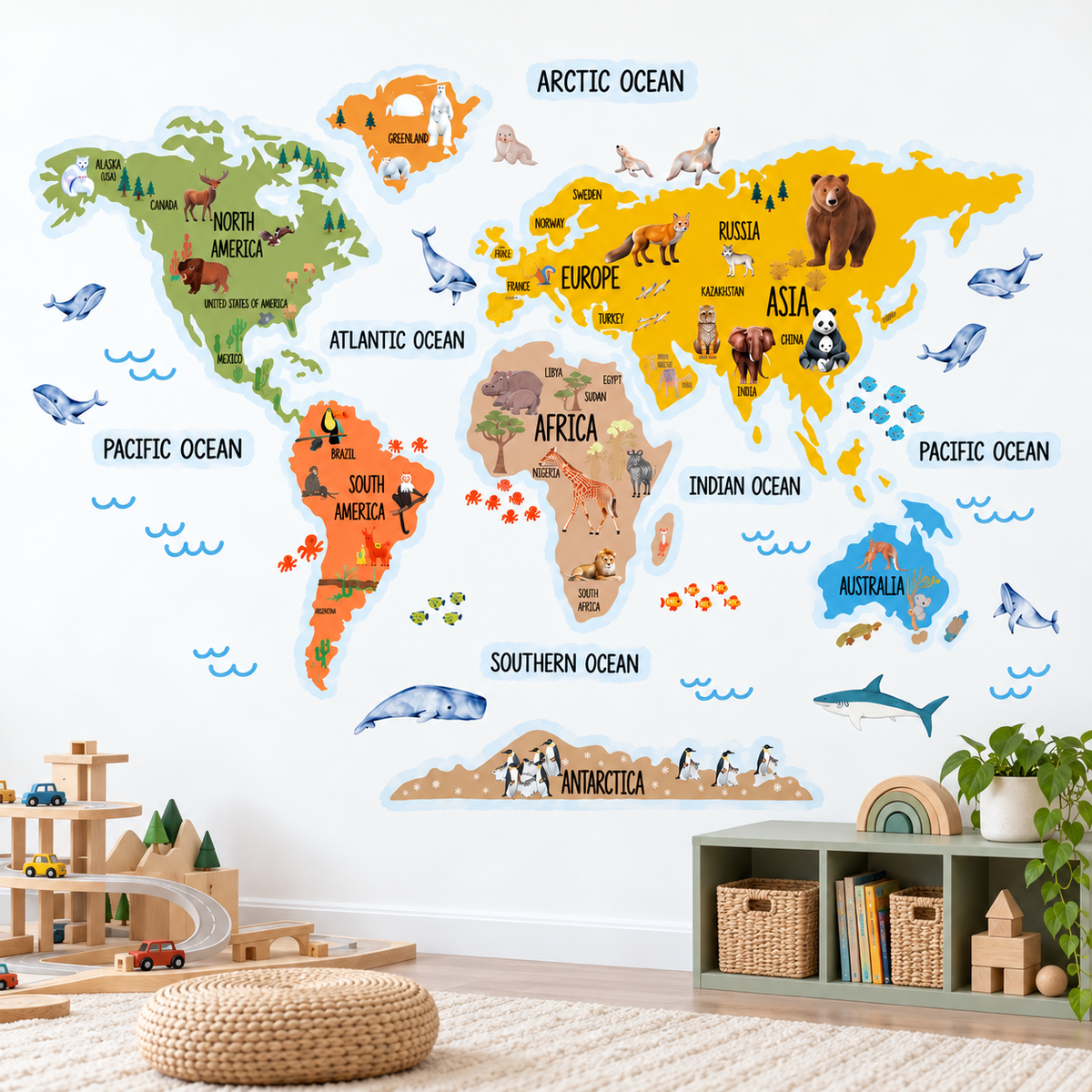 Kids Animal World Map Fabric Wall Decal - Mustard