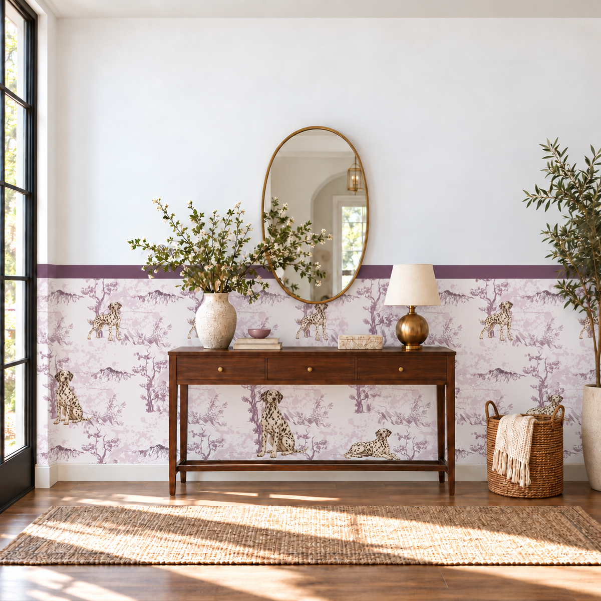 Custom Pet Toile Peel and Stick Mauve Half Wall Wallpaper