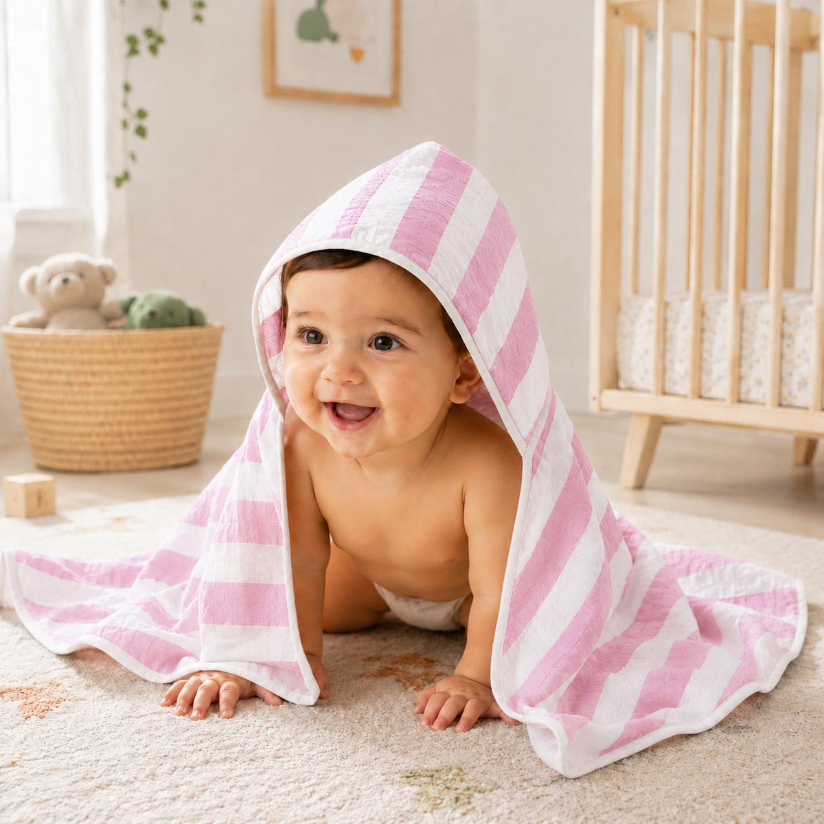 Multi-Purpose Striped Pink Hooded Towel & Blanket