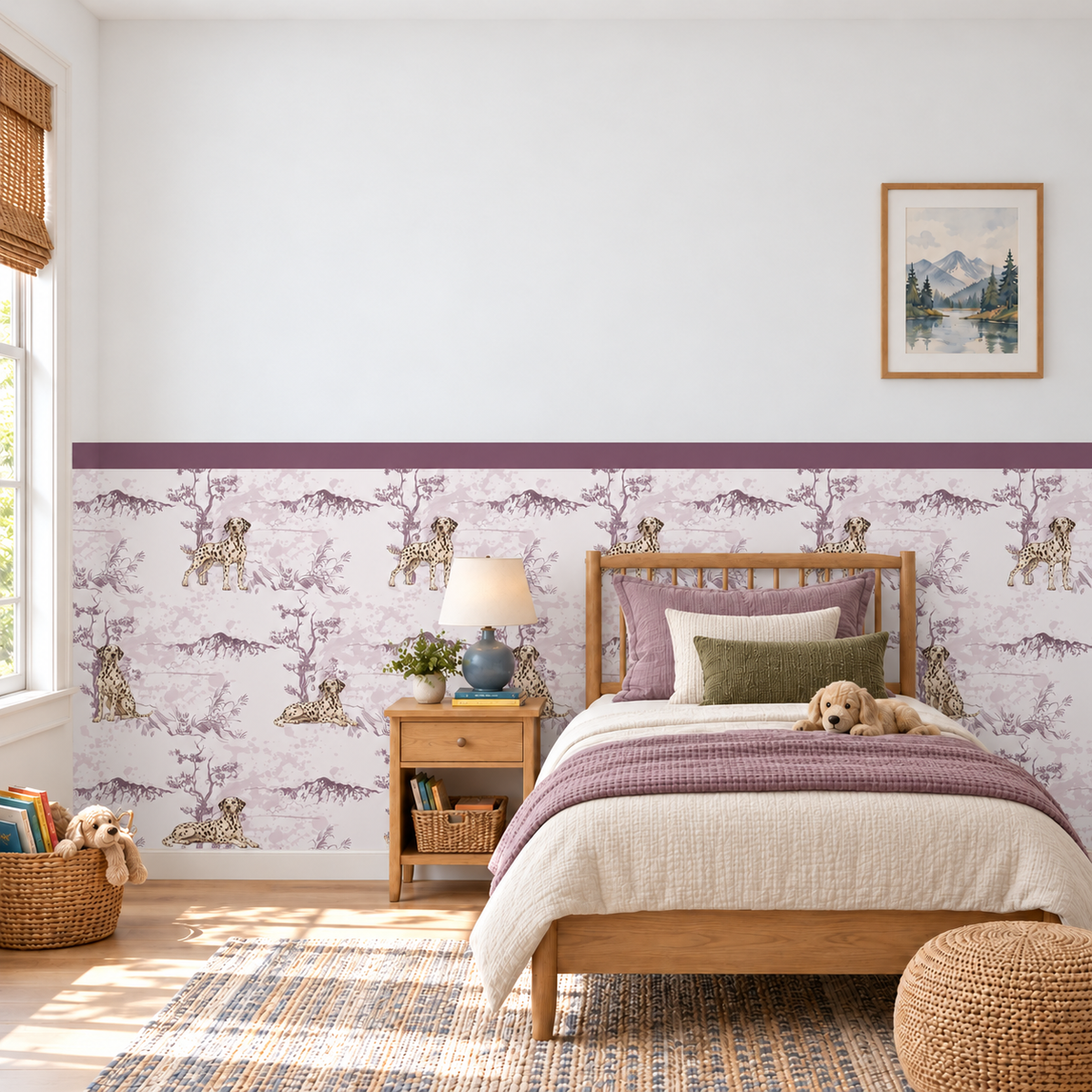 Custom Pet Toile Peel and Stick Mauve Half Wall Wallpaper