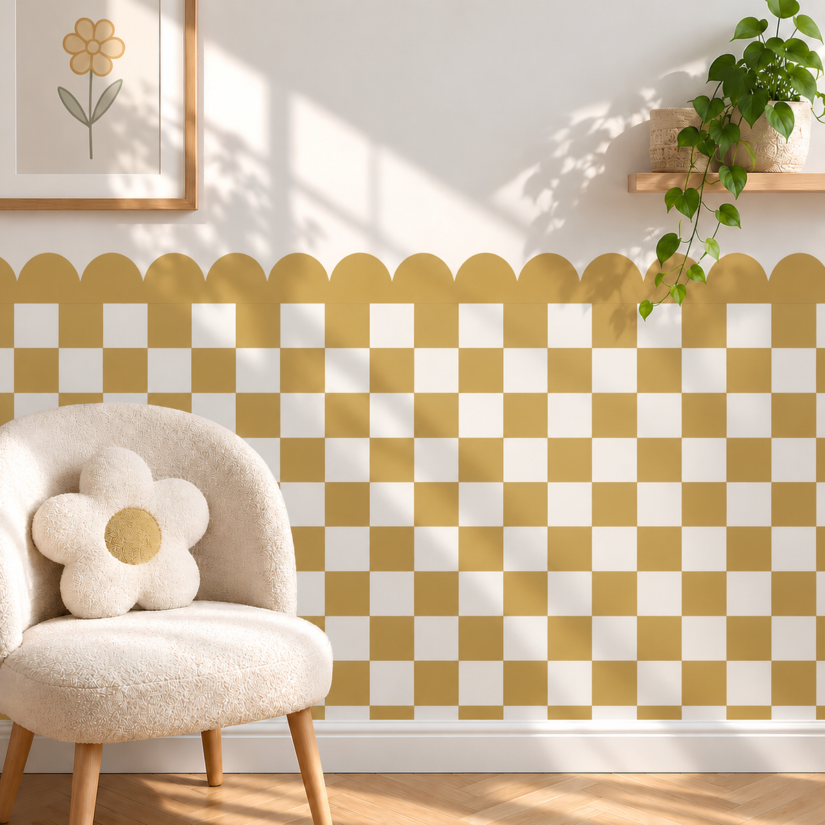 Scalloped Peel and Stick Checkerboard Mustard Half Wall Wallpaper