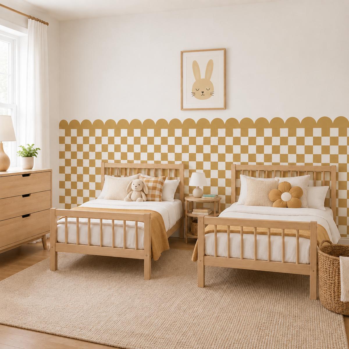 Scalloped Peel and Stick Checkerboard Mustard Half Wall Wallpaper