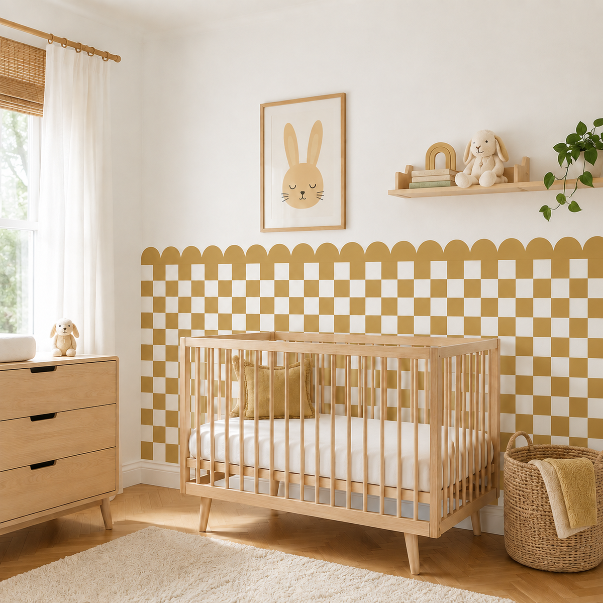Scalloped Peel and Stick Checkerboard Mustard Half Wall Wallpaper