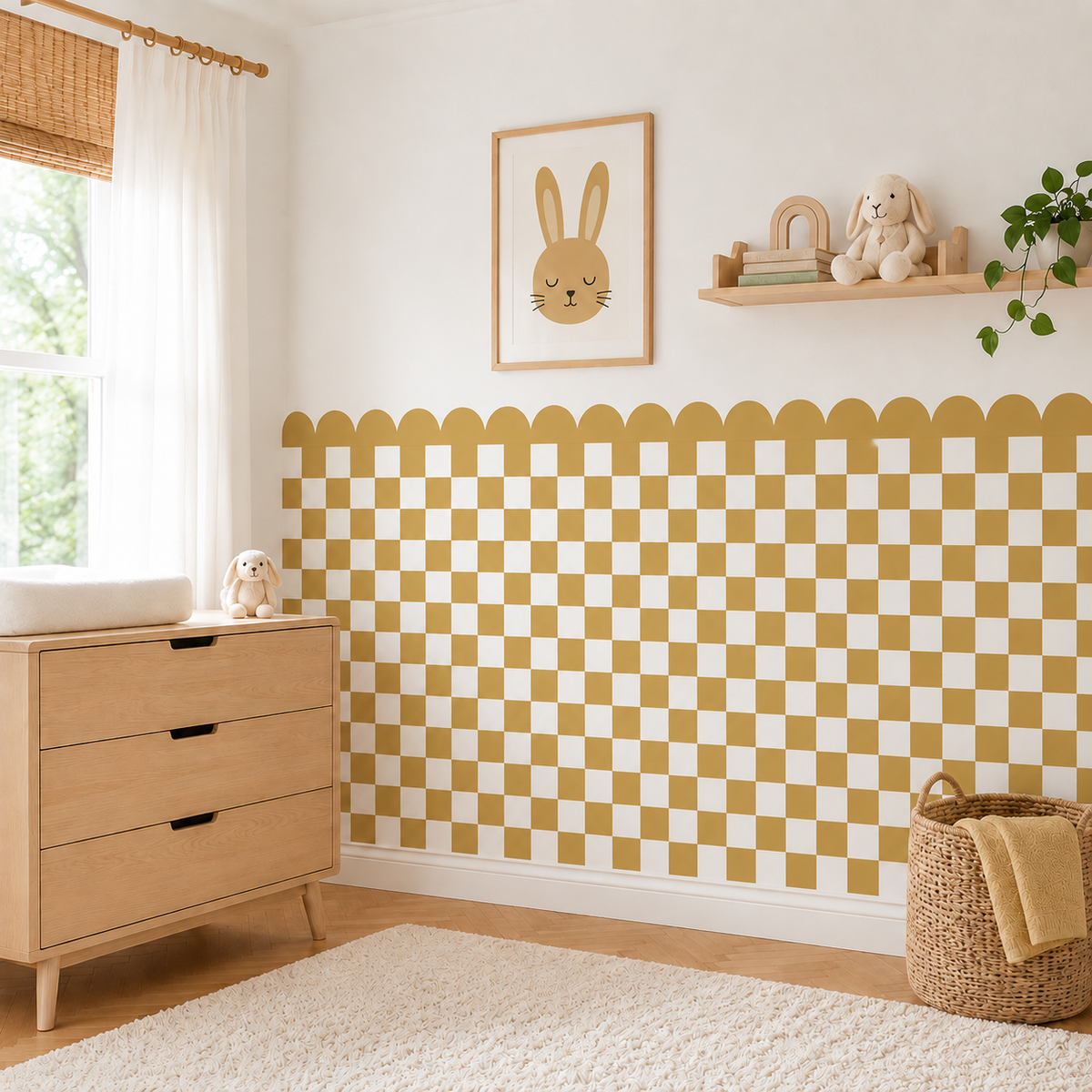 Scalloped Peel and Stick Checkerboard Mustard Half Wall Wallpaper