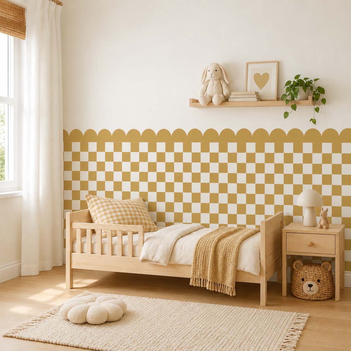Scalloped Peel and Stick Checkerboard Mustard Half Wall Wallpaper