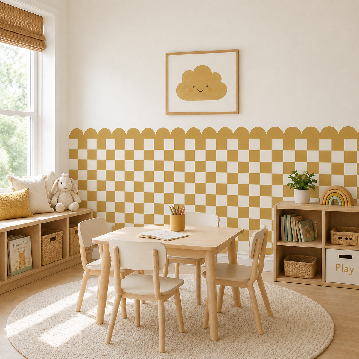 Scalloped Peel and Stick Checkerboard Mustard Half Wall Wallpaper